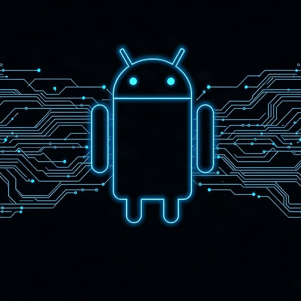 Glowing Android robot outline between circuit traces