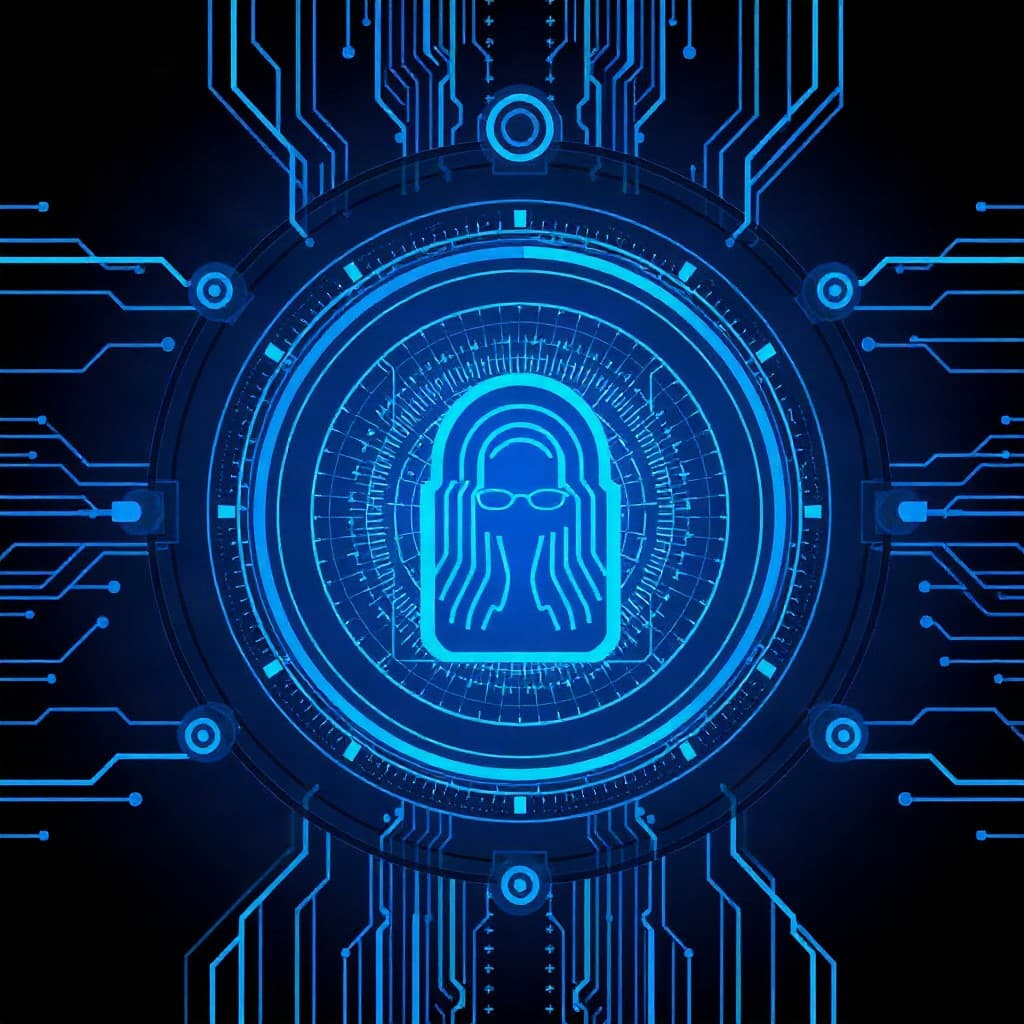 Glowing padlock inside concentric security rings and circuit traces